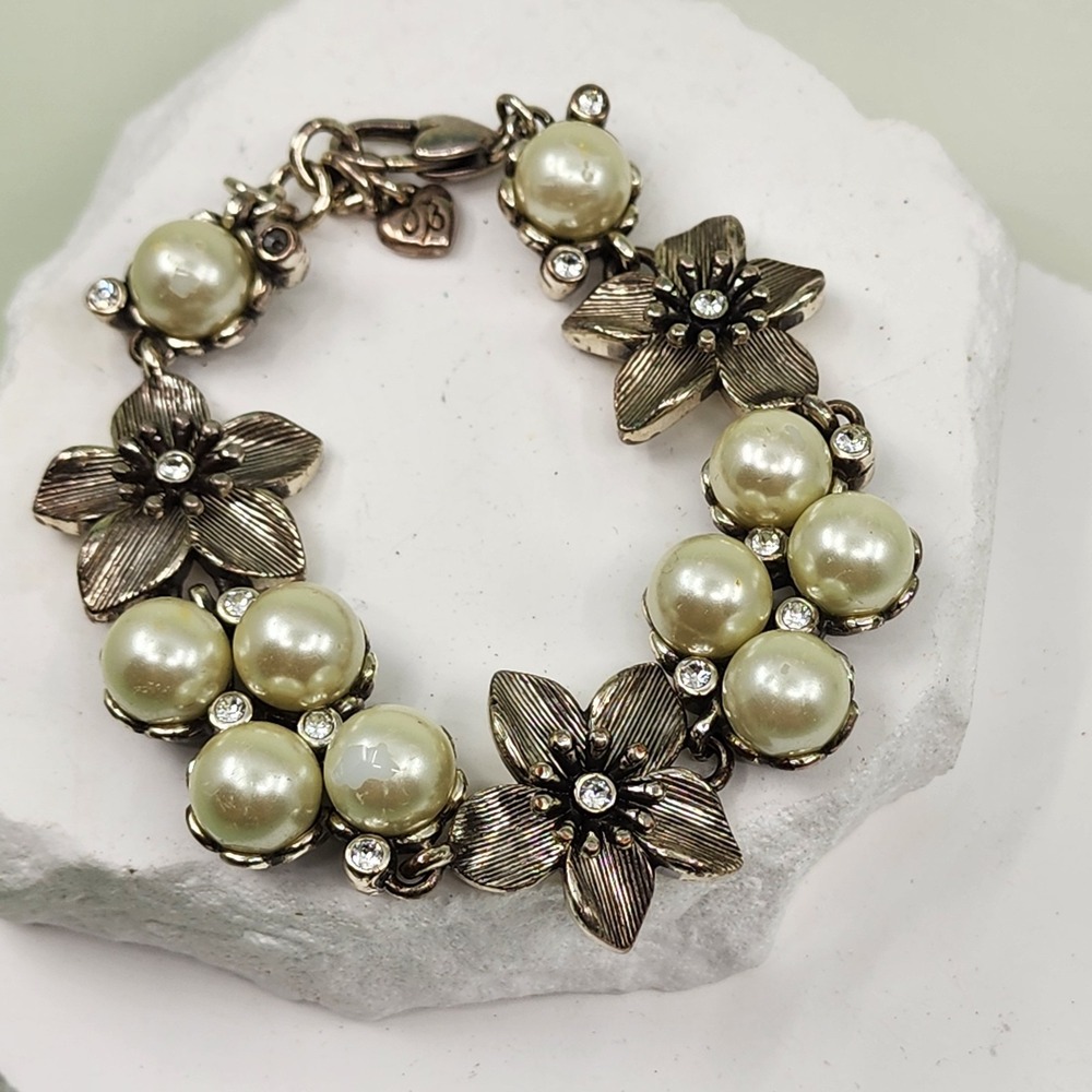 Brighton Faux Pearl Rhinestone Floral Bracelet Silver Tone Romantic Statement